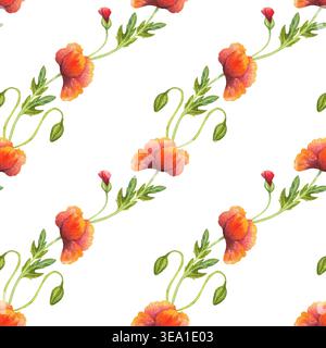 Orangefarbene Mohnblumen, nahtloses Diagonalmuster in Aquarellfarben. Helle frische Blumen mit Blättern, handgezeichnet. Bunte Pflanzen für Blumenkarten, Drucke und Fabr Stockfoto