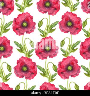 Roter Mohn mit grünen Knospen, nahtloses Aquarellmuster. Helle frische Blumen mit Blättern, handgezeichnet. Farbenfrohe Pflanzen für Blumenkarten, Drucke und Stockfoto