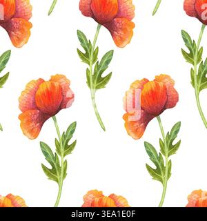 Orangefarbene Mohnblumen, nahtloses Aquarellmuster. Helle frische Blumen mit Blättern, handgezeichnet. Bunte Pflanzen für Blumenkarten, Drucke und Stoff. Stockfoto