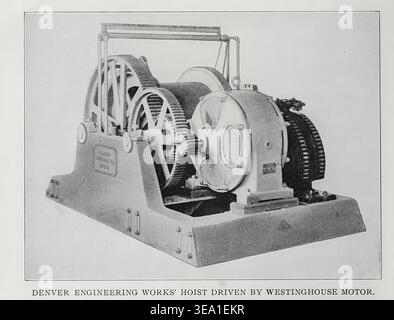 Vintage-Industriemaschinen mit Zahnrädern, einer Wickeltrommel und einem Westinghouse-Elektromotor, die den Maschinenbau und den Maschinenbau des frühen 20. Jahrhunderts repräsentieren. Aus dem Artikel DREHZAHLMERKMALE UND DIE STEUERUNG VON ELEKTROMOTOREN. Von Charles F. Scott vom Engineering Magazine gewidmet dem Industrial Progress Band XXXI April - September 1906 The Engineering Magazine Co Stockfoto