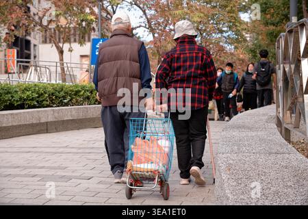 Taipei, Taiwan - 18. Januar 2025: Ältere Ehepaare teilen sich einen blauen Einkaufswagen, der auf einem von Herbstbäumen gesäumten Bürgersteig Zhongshan Taipei schlendert. Stockfoto