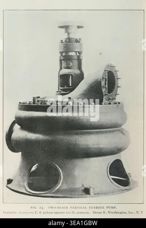 Industriemaschinen mit einer alten zweistufigen vertikalen Turbinenpumpe von Worthington, einem technischen Artefakt, das die historische Fertigungstechnologie für die Handhabung von Hochdruckflüssigkeiten demonstriert. Aus dem Artikel HOCHHUB-TURBINENPUMPEN. DESIGN UND EFFIZIENZ. Von R. J. Durley. Vom Engineering Magazine gewidmet dem Industrial Progress Band XXXI April - September 1906 The Engineering Magazine Co Stockfoto