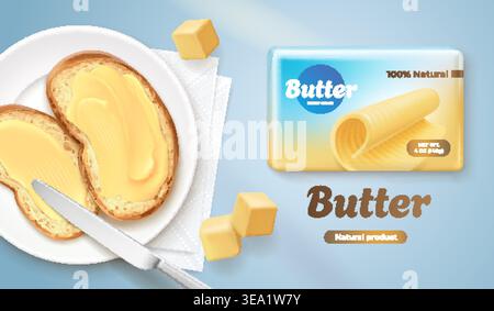 Butterwerbung. Realistische cremige Butter Paket Werbebanner, gebutterter Toast verteilt Brot mit Messer Sandwich auf Platte Margarine Scheiben Frühstück Promo grell Vektor Illustration Original Kunstwerk Stock Vektor