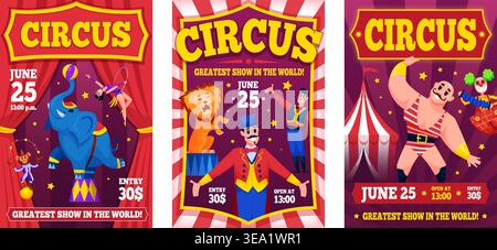 Plakate für Zirkusfilme. Karneval Messe Einladung Flyer, Jongleur Tiere Performance Zelt Bühne Festival Party Event Feier Vintage Banner qualitative Vektor Illustration Original Kunstwerk Stock Vektor