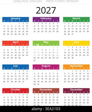 Moderner englischer Vektorkalender 2027 in hellen Farben mit klarem Monatslayout und montagsstart
 Stock Vektor