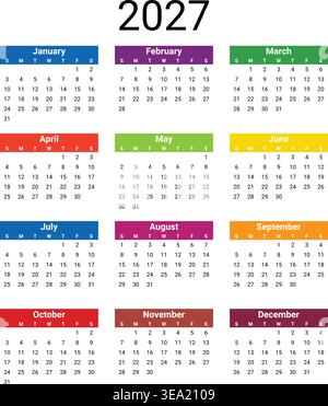 Moderner englischer Kalender 2027 mit farbenfrohem Design, vertikaler Struktur und klarem Wochenformat mit sonntagsbeginn
 Stock Vektor