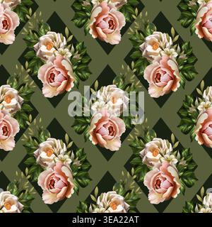 Nahtloses Muster mit weißen Rosenblüten auf Grün. Floraler Hintergrund für Tapeten oder Stoff. Stockfoto