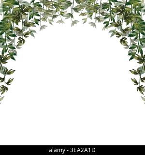 Botanische Grünrahmen in Aquarellfarben mit quadratischer und abgerundeter Komposition. Elegante Blattborten, perfekt für Hochzeitseinladungen, Schreibwaren und Branding Stockfoto
