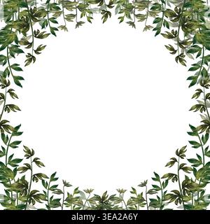 Botanische Grünrahmen in Aquarellfarben mit quadratischer und abgerundeter Komposition. Elegante Blattborten, perfekt für Hochzeitseinladungen, Schreibwaren und Branding Stockfoto