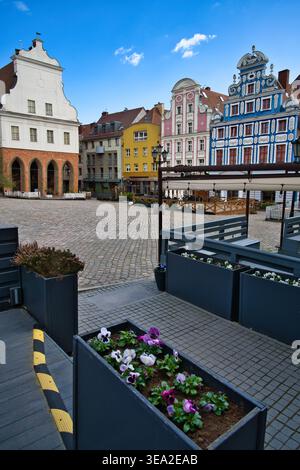 Farbenfroher historischer Stadtplatz mit Kopfsteinpflasterplatz, verzierten Fassaden und Blumenpflanzen an einem sonnigen Tag - Stadt Szczecin. Stockfoto