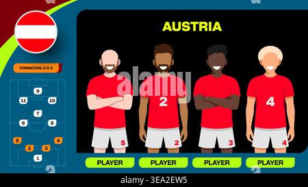 Stylized Austria Football Team Squad Line-Up und 4-3-3 Formation für die Ankündigung des Turnierspiels 2026. Stock Vektor