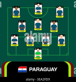 Paraguay Football 2026 Team-Kollektion mit Stylized Squad Formation auf dem Feld für die Präsentation des Turnierspiels, dynamisches Design. Stock Vektor