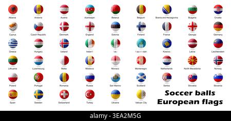 Ein Raster aus Fußballbälle mit europäischen Länderflaggen, die auf weißem Hintergrund ordentlich dargestellt sind und die nationalen Identitäten durch Sportthemen hervorheben Stockfoto