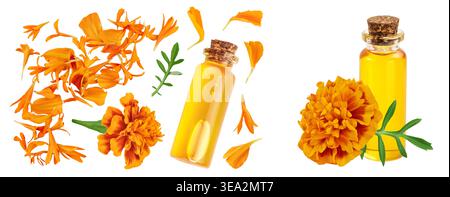 Aromatherapie-ätherisches Öl mit Ringelblume isoliert auf weißem Hintergrund. Draufsicht. Flach liegend. Stockfoto