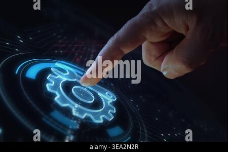 Setzen des Symbols für Wartung und Cyber-Management digitales abstraktes 3D-Konzept. Finger-Touchscreen. Cybertechnologie und Netzwerkhintergrund. Mann drückt Stockfoto