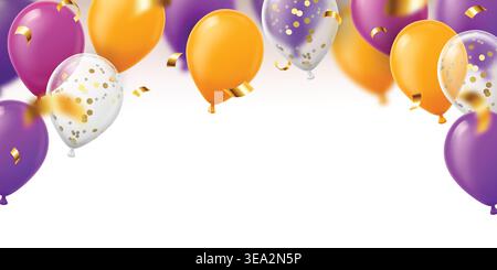 Partyballons umranden Hintergrund mit goldenem Konfetti und Band, realistische 3D Helium Latex Ballons in Rosa, lila und orange, festliche Kopierraum Banner für Geburtstag oder Veranstaltung. Stock Vektor