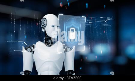 KI erhöht die Cybersicherheit durch die Erkennung von Bedrohungen durch künstliche Intelligenz, KI-basierte Schutzebenen und Warnungen virtueller Assistenten vor Sicherheitsverstößen Stockfoto