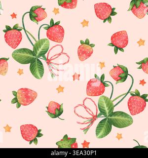 Süßes, nahtloses Cartoon-Muster mit Erdbeeren und Sternen. Garten- oder Waldbeeren im Kinderstil. Aquarellabbildung isoliert auf einem pi Stockfoto