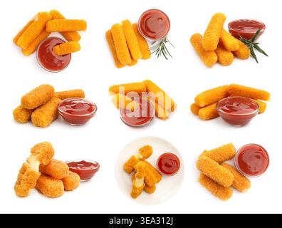 Leckere, frittierte Käsestäbchen isoliert auf weiß, Set Stockfoto