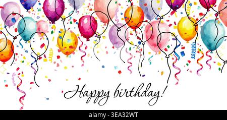 Hintergrund von Ballons mit Wasserfarben. Alles Gute Zum Geburtstag. Handgezeichnet. Nicht AI, Vektordarstellung. Stock Vektor