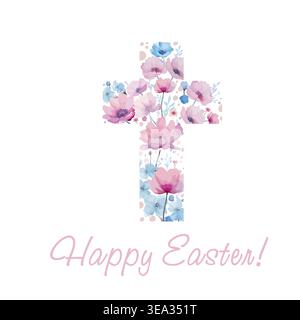 Religiöses Kreuz mit Aquarellblumen. Handgezeichnet. Nicht AI, Vektordarstellung. Er ist von Hand gezeichnet auferstanden. Nicht AI, Vektordarstellung Stock Vektor