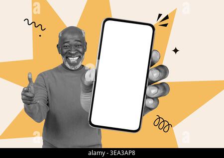 Der lächelnde Mann zeigt das Smartphone, während er im Hintergrund der kreativen Collage die Daumen hochgibt Stockfoto