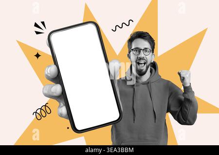 Person, die ein Smartphone mit aufgeregtem Ausdruck in einem farbenfrohen Collage-Hintergrund hält Stockfoto