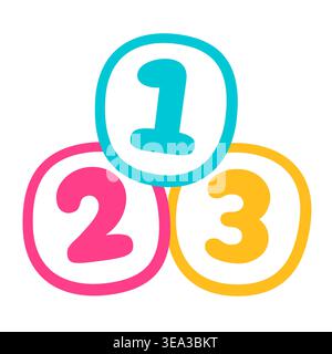 Nettes Zeichentricksymbol 123 Zahlen, helle flache Vektorillustration. Kindererziehung, Kinderspielzeug, Schullogo. Stock Vektor