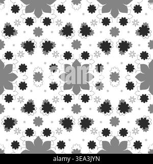 Das nahtlose Design in Schwarz, Grau und weiß zeigt sich in sich wiederholenden, stilisierten Blumenformen. Größere und kleinere Blüten verbinden sich mit umrissenen Sternmustern und schaffen ein ausgewogenes symmetrisches Textil. Stock Vektor