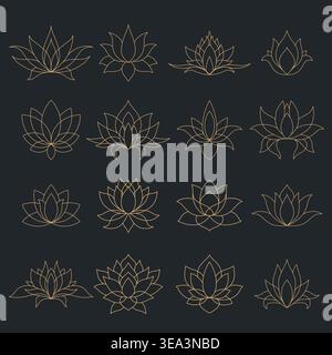 Set mit eleganten Lotusblüten-Kunstdesigns in Goldfarbe auf dunklem Hintergrund. Minimalistische Blumensymbole inspiriert von Yoga-Meditation und spirituellem Balanc Stock Vektor