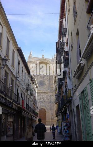 Fußgänger gehen in Richtung der barocken Fassade der Kathedrale von Granada durch eine enge Straße mit dekorativem Eisenwerk und lokalen Geschäften, Andalusien Stockfoto