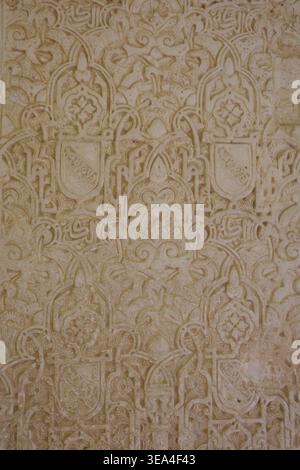 Nasriden Arabesken Stuckrelief mit gewellten Bögen, heraldischen Schilden und arabischer Kalligraphie an einer Palastmauer, Alhambra Palast, Granada, Spanien. Stockfoto