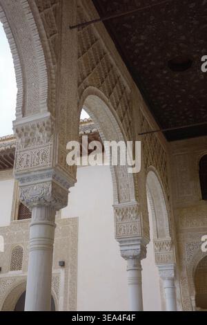 Nahaufnahme von kunstvollen Nasriden Hufeisenbögen mit geschnitzten Stuckspandrels und schlanken Marmorsäulen unter einer vergoldeten Holzdecke, Alhambra Palace Stockfoto