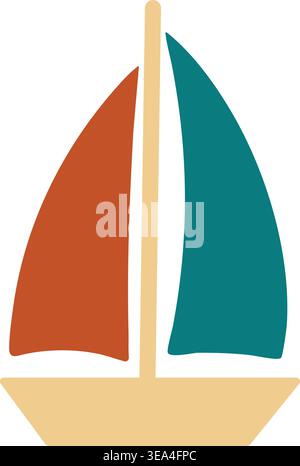 Einfache Illustration eines kleinen Segelbootes mit zweifarbigen Segeln und einem leichten Rumpf, der aufrecht schwimmt. Stock Vektor