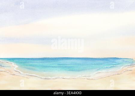 Aquarell Morgengrauen am Strand horizontale künstlerische Illustration. Küste mit Sandlandschaft für Florida Sommerurlaub in Blau und Türkis Stockfoto