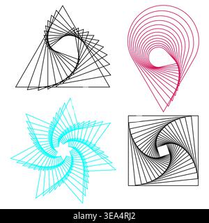Geometrische Formen festgelegt. OP-Art-Linienmuster. Dynamischer Spiralvektor. Dreieckskreise, quadratische Formen. Stock Vektor