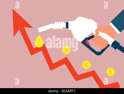 Flache Vektor-Illustration, die den finanziellen Abschwung mit fallendem Diagramm, Treibstoffdüse, Handschlag und Münzen zeigt, die Wirtschaftskrise symbolisieren, steigende Kosten, Stock Vektor