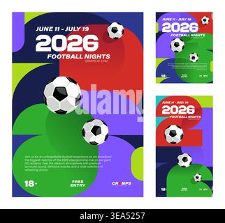 Branding-Set für Fußballmeisterschaften 2026. Enthält Poster- und Social-Media-Vorlagen mit abstrakten geometrischen Zahlen, Fußballbälle und Textplatzhaltern für die Förderung von Sportereignissen. Stock Vektor