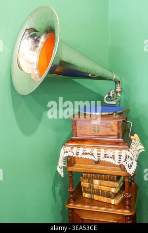 Borovichi, Russland - 17. Juli 2025: Musikgerät. Altes Grammophon auf Holzkiste. Antiker Schallplattenspieler aus Messing. Grammophon mit Hornlautsprecher Stockfoto