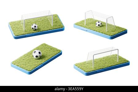 Fußball und Tor auf dem Handy, 3D-Rendering. 3D-Abbildung. Stockfoto