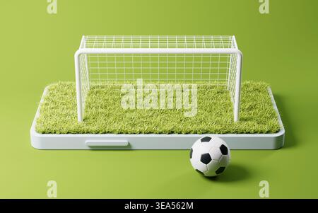 Fußball und Tor auf dem Handy, 3D-Rendering. 3D-Abbildung. Stockfoto