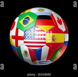 2026 Fußball-Fußball mit Nationalflaggen. Isoliert auf schwarzem Hintergrund Stockfoto