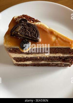 Ein Stück Schokoladenkuchen mit Karamell-Belag, Kekse und Heidelbeeren auf weißem Teller, Dessert aus nächster Nähe Stockfoto