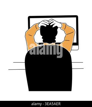 Die Person sitzt am Computer und packt den Kopf in Stress Stock Vektor