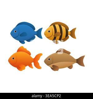 Vektor-Illustration mit vier verschiedenen Arten von Fischen. Perfekt für Meereslebewesen, Wassertiere, Angeln und Naturdesign. Stock Vektor