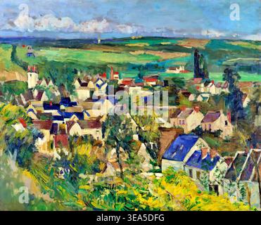 Paul Cézanne – Panoramablick auf Auvers-sur-Oise (Vue panoramique d’Auvers-sur-Oise), um 1873 – Post-Impressionismus, Öl auf Leinwand, weitläufige Landschaft mit schichtförmiger Tiefe und atmosphärischer Perspektive | ArchiVerse Stockfoto