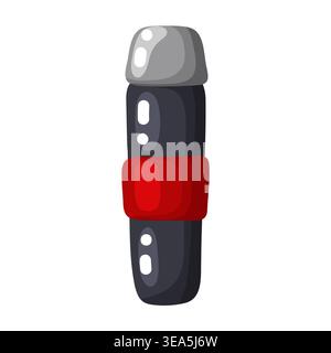 Karikaturvektor-Illustration einer schwarzen Reise Thermosflasche mit rotem Gummi Handgriff und grauer Kappe, isoliert auf weißem Hintergrund, Skigebiet Heißgetränk Stock Vektor