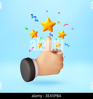 3D Hand Daumen hoch Geste mit Sternen und Konfetti. Stock Vektor