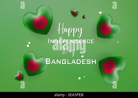 Lebendige 3D-Herzkarte für den Unabhängigkeitstag von Bangladesch mit Nationalflaggenfarben und festlichen Elementen, ideal für patriotische Feiern, Grußkarten Stock Vektor