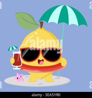 Süße Und Glückliche Lemon Fruit Cartoon Figur, Die Den Strand Genießt, Während Sie Frischen Saft Trinkt Stock Vektor